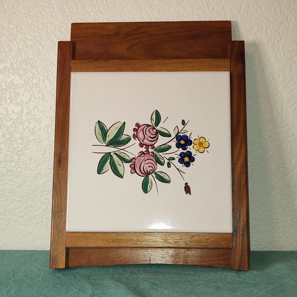 Decor Wooden Trivet Flowers Ceramic Tile Vintage floral cottagecore academia - Picture 1 of 5